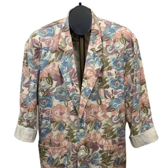Vintage Rose Pastel Floral Cotton Shirt Jacket Blazer / Oversised Large * - Picture 2 of 4